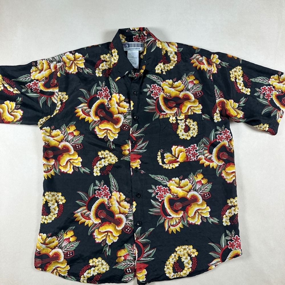 Vintage UNTIED Hawaiian Shirt Mens M 100% Silk Black Tropical Floral Aloha